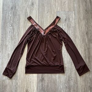Y2K Do + Be Brown Sequin Cold Shoulder Going Out Clubwear Long Sleeve Top Size S